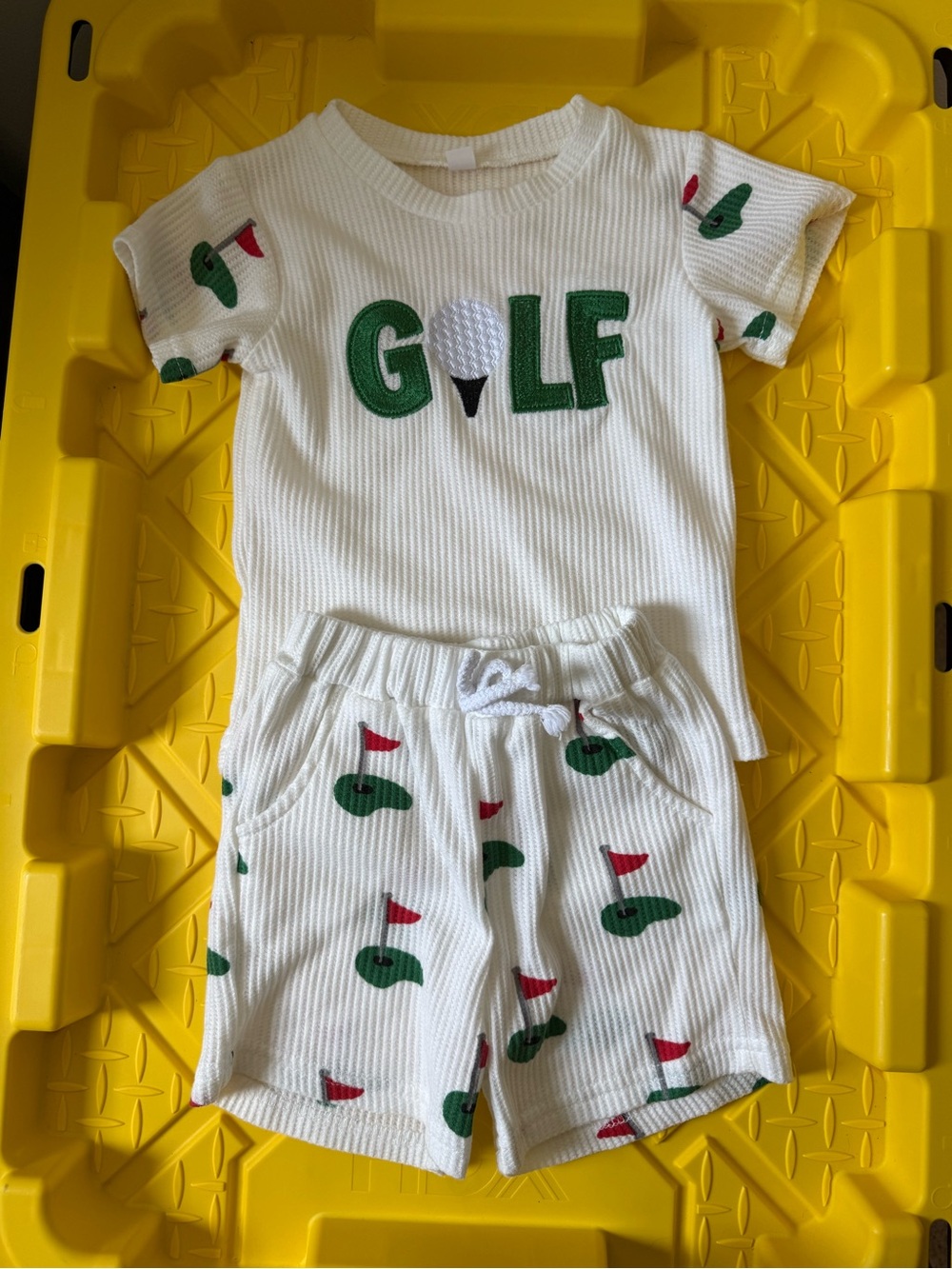 White Kids Short Sleeve 'GOLF' Top & Shorts Set with Green and Red Motif